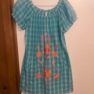 Uncle Frank Teal plaid with Coral Embroidery Dress size large